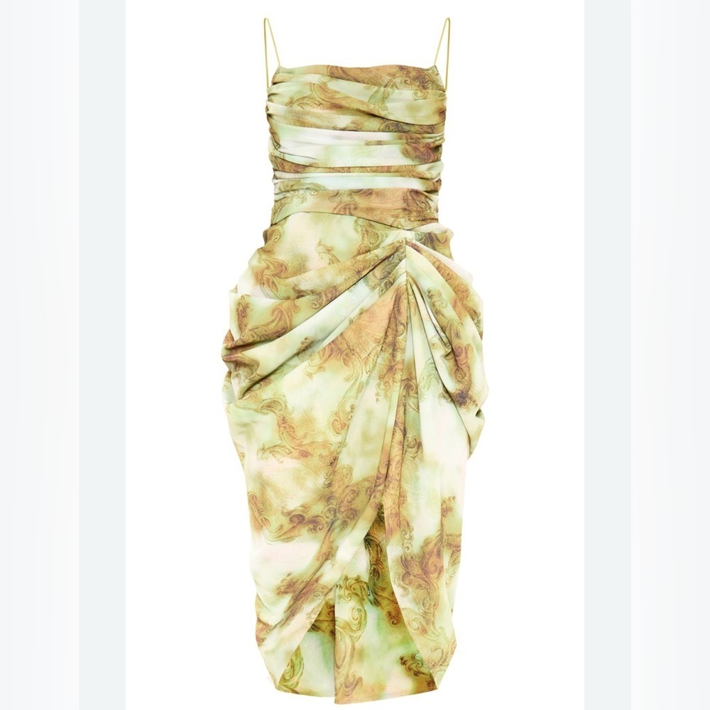 NWT Pretty Little Thing GREEN PRINT CHIFFON RUCHED DRAPE MIDI DRESS 2 - Picture 1 of 10